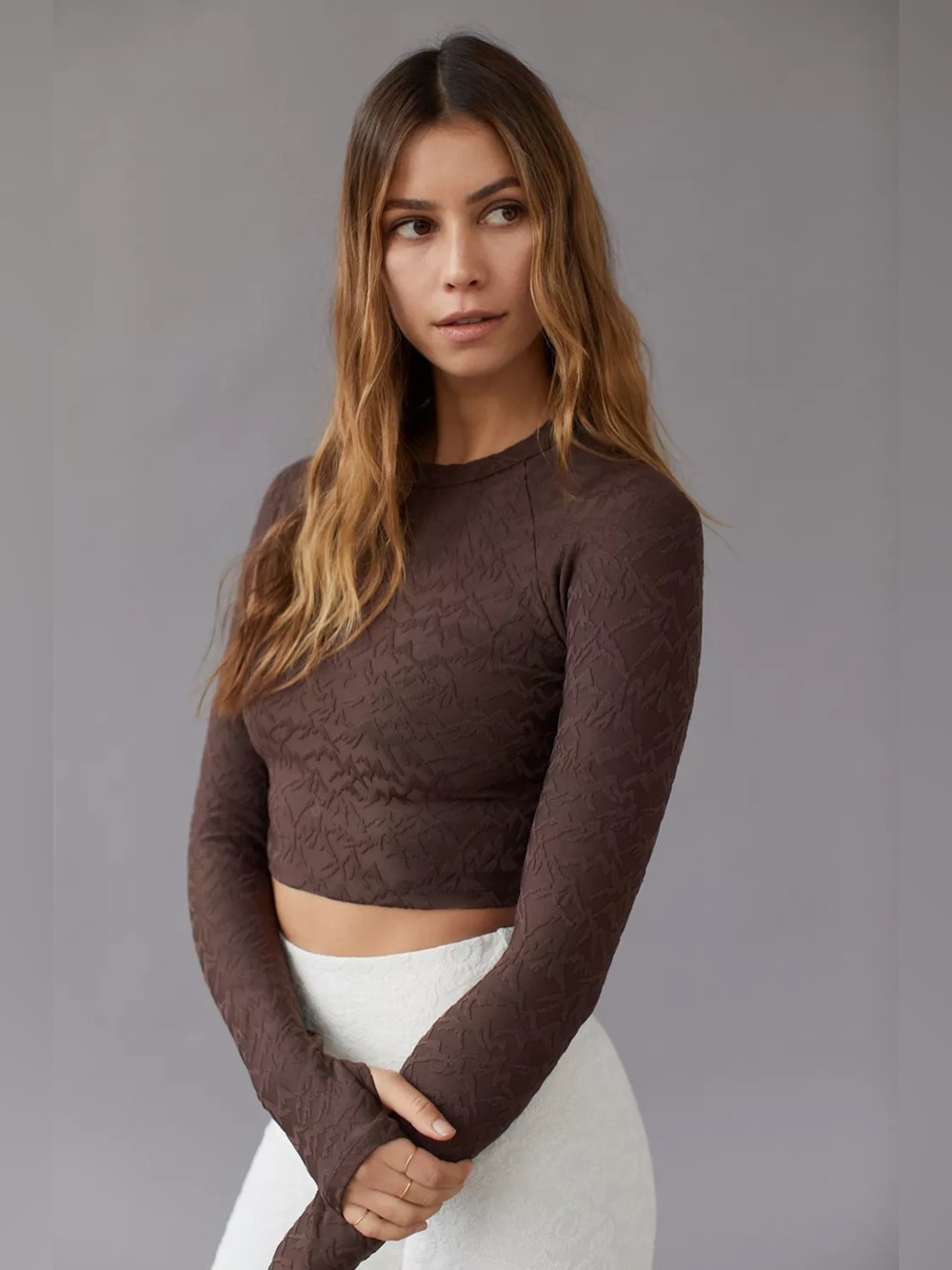Twenty Montreal Size XS 3D Activewear Cropped Long Sleeve Top Brown - NWT